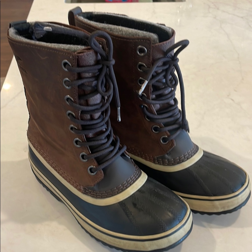 Brown and Black Rain and Snow Boots with High Top Design and Lace Up Closure